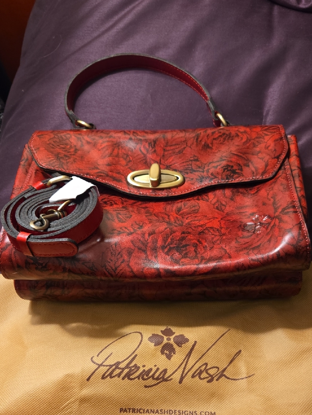 Patricia Nash Red Floral Embossed Leather Shoulder Bag with Gold Turn-Lock